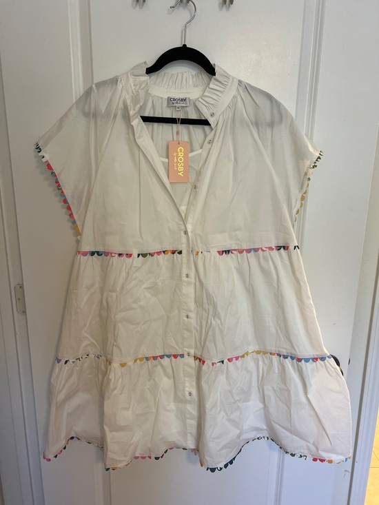 crosby. Dresses & Skirts - crosby White Cotton Button-Front Dress with Multicolor Scallop Trim